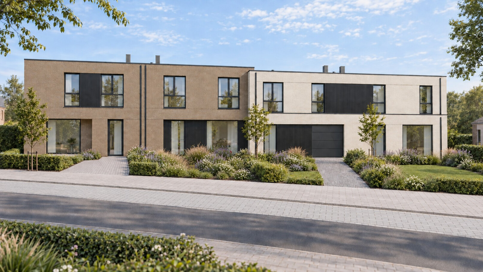 Groene voortuinen met lichte parkeerplaats